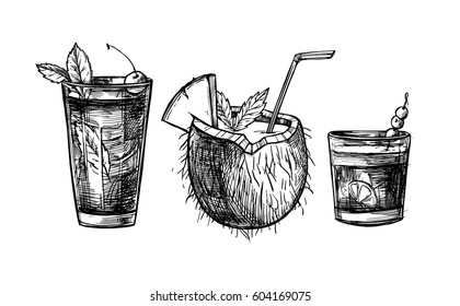 Hand drawn vector illustrations - Collection of alcoholic and non-alcoholic summer cocktails. Design elements in sketch style. Perfect for brochure, cafe flyer, bar and restaurant menu