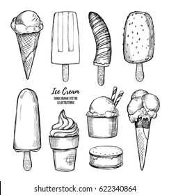 Hand drawn vector illustrations - Collection of ice cream and gelato. Perfect for advertising, print, fabric, postcard, flyer etc