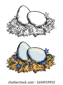 Hand drawn vector illustrations. Contour and color drawing set. Beautiful nest with eggs and flowers. Isolated elements for Easter design, cards, print, sticker. Vintage, engraving, sketch, realistic.