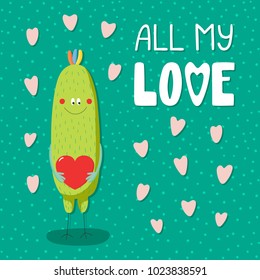 Hand drawn vector illustrations with a cute funny cartoon monster holding a heart, with text All my love. Isolated objects. Design concept for children, Valentines day.