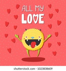 Hand drawn vector illustrations with a cute funny cartoon monster with heart shaped eyes, with text All my love. Isolated objects. Design concept for children, Valentines day.