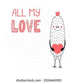 Hand drawn vector illustrations with a cute funny cartoon monster holding a heart, with text All my love. Isolated objects. Design concept for children, Valentines day.