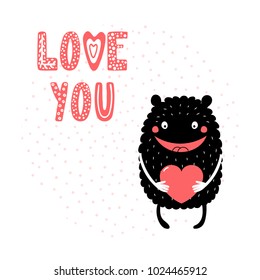 Hand drawn vector illustrations with a cute funny cartoon monster holding a heart, with text Love you. Isolated objects. Design concept for children, Valentines day.