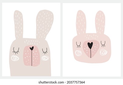 Hand Drawn Vector Illustrations with Cute Dreamy Bunnies. Infantile Style Woodland Party Print. Simple Funny Rabbits on a White Background. Easter Print with Beige and Pink Hares ideal for Card.