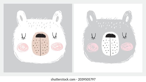 Hand Drawn Vector Illustrations with Cute Dreamy Bears. Infantile Style Woodland Party Print. Simple Abstract White and Gray Funny Bears Isolated on a White and Light Gray Background.