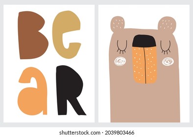 Hand Drawn Vector Illustrations with Cute Big Bear ideal for Wall Art, Poster, Card. Infantile Style Woodland Party Print Funny Brown Bear and Big Handwritten. Letters Isolated on a White Background. 