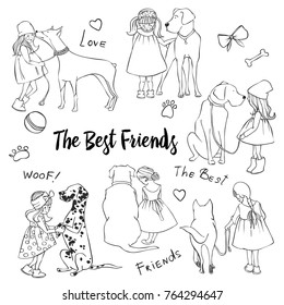 Hand drawn vector illustrations of Dogs and Girls. The best friends. Dogs and kids. Sketch style. Doodle