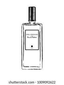 Hand drawn vector illustrations - french perfume. Outline design elements. Fashion sketch. Glass bottles with floral aroma. Perfect for invitation, greeting card, poster, print etc.
