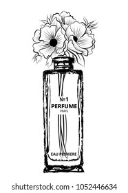 Hand drawn vector illustrations - french perfume. Outline design elements. Fashion sketch. Glass bottles with floral aroma. Perfect for invitation, greeting card, poster, print etc. 