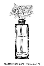 Hand drawn vector illustrations - french perfume. Outline design elements. Fashion sketch. Glass bottles with floral aroma. Perfect for invitation, greeting card, poster, print etc. 