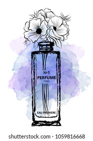 Hand drawn vector illustrations - french perfume. Outline design elements. Fashion sketch. Glass bottles with floral aroma. Perfect for invitation, greeting card, poster, print etc.