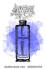 Hand drawn vector illustrations - french perfume. Outline design elements. Fashion sketch. Glass bottles with floral aroma. Perfect for invitation, greeting card, poster, print etc.