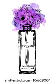 Hand drawn vector illustrations - french perfume. Outline design elements. Fashion sketch. Glass bottles with floral aroma. Perfect for invitation, greeting card, poster, print etc.