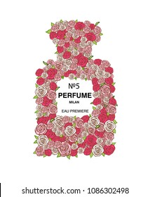 Hand drawn vector illustrations - french perfume. Outline flowers design elements. Fashion sketch. Glass bottles with floral aroma. Perfect for invitation, greeting card, poster, print etc.