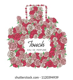 Hand drawn vector illustrations - french perfume. Outline flowers design elements. Fashion sketch. Glass bottles with floral aroma. Perfect for invitation, greeting card, poster, print etc.