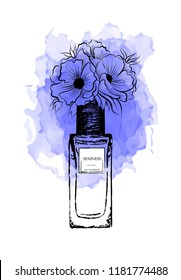 Hand drawn vector illustrations - french perfume. Outline design elements. Fashion sketch. Glass bottles with floral aroma. Perfect for invitation, greeting card, poster, print etc.