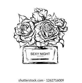 Hand drawn vector illustrations - french perfume. Outline design elements. Fashion sketch. Glass bottles with floral aroma. Perfect for invitation, greeting card, poster, print etc.