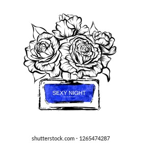 Hand drawn vector illustrations - french perfume. Outline design elements. Fashion sketch. Glass bottles with floral aroma. Perfect for invitation, greeting card, poster, print etc.