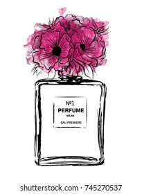 Hand drawn vector illustrations - french perfume. Outline design elements. Fashion sketch. Glass bottles with floral aroma. Perfect for invitation, greeting card, poster, print etc.