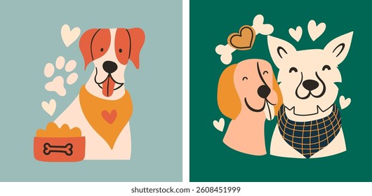 Hand drawn vector illustrations with funny dog ​​portraits. Colored art cards with pets. Stylish cute animals.