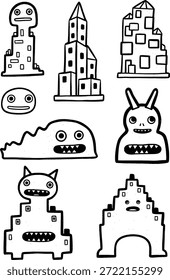 Ilustraciones vectoriales dibujadas a mano de criaturas grotescas divertidas mezcladas con Formas de construcción geométricas surrealistas, colección de recursos gráficos de arte de línea de tinta negra