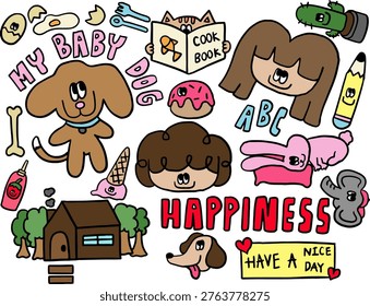 Hand drawn vector illustrations of happy dog, girls, house and tree, ice cream cone, tomato ketchup bottle, dog bone, fried egg, spoon and fork, cat reading book, cactus in flowerpot, pink bunny sleep