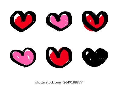 Handgezeichnete Vektorgrafiken von Herzen. 6 Herz-Illustrationen.