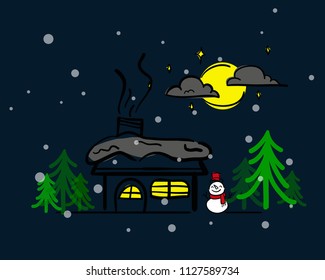 Hand drawn Vector illustrations House in the garden of the crescent full moon. The snow house in winter Christmas.