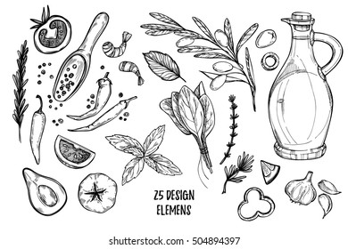 Hand drawn vector illustrations - Ingredients of pizza. Olive oil, olives, shrimps, tomato, basil, rosemary, pepper etc. Perfect for menu, cards, blogs, banners. Illustration in sketch style