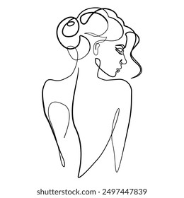 Hand Drawn Vector Illustrations of Line Art Female Portrait. Elegant Woman Silhouette in Abstract Linear Style. Funny Cute Female Character for Minimalistic Fashion Design.