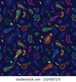 Hand Drawn vector illustrations of many bacteria in different color interpretations. The illustration is seamless in all directions if needed