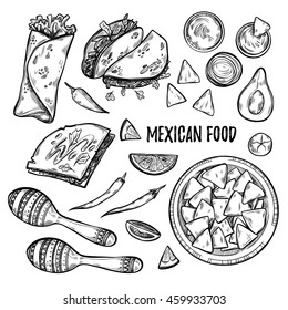 Hand drawn vector illustrations - Mexican food (tacos, nachos, burritos, chili pepper, avocado, sauce, tomato, maracas). Sketch. Template for your design
