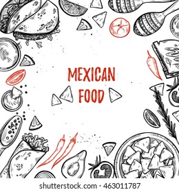 Hand drawn vector illustrations - Mexican food (tacos, nachos, burritos, chili pepper, avocado, sauce, tomato, maracas). Sketch. Template for your design