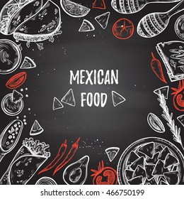 Hand drawn vector illustrations - Mexican food (tacos, nachos, burritos, chili pepper, avocado, sauce, tomato, maracas). Sketch. Template for your design with chalkboard background. 