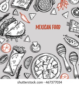Hand drawn vector illustrations - Mexican food (tacos, nachos, burritos, chili pepper, avocado, sauce, tomato, maracas). Sketch. Template for your design.
