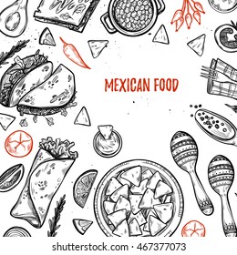 Hand drawn vector illustrations - Mexican food (tacos, nachos, burritos, chili pepper, avocado, sauce, tomato, maracas). Sketch. Template for your design.