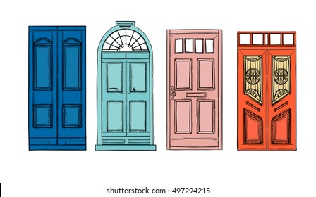 Hand drawn vector illustrations - old vintage doors. Isolated on white background.