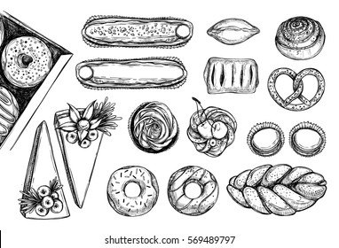 Hand drawn vector illustrations. Pastries top view. Bakery shop. Perfect for restaurant brochure, cafe flyer, delivery menu