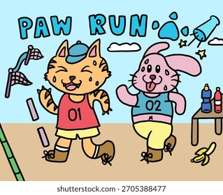 Hand drawn vector illustrations of PAW RUN competition with cat and bunny running, finish line, race flag, energy drinks on table, banana, dumbbell, water or energy drink, clear blue sky for marathon