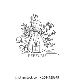 Hand drawn vector illustrations - perfume bottle and flowers. Vector design elements