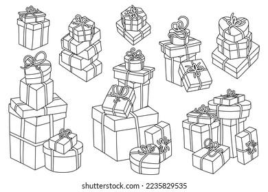 Hand drawn vector illustrations of piles of simple, colorful, closed wrapped gift boxes. Black outlines for coloring.