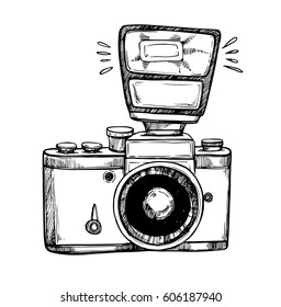 Hand drawn vector illustrations. Retro camera with flash. Photographic equipment. Perfect for invitations, greeting cards, posters, prints
