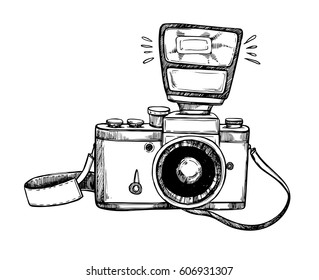 Hand drawn vector illustrations. Retro camera with flash and lace. Photographic equipment. Perfect for invitations, greeting cards, posters, prints