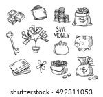 Hand drawn vector illustrations - Save money. Doodle design elements. Finance, payments, banks, cash, Four-leaf clover