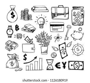 Hand Drawn Vector Illustrations - Save Money. Sketch Design Elements. Finance, Payments, Banks, Cash, Four-leaf Clover, Money Box. Perfect For Business Presentations, Web, Bunners, Advertising