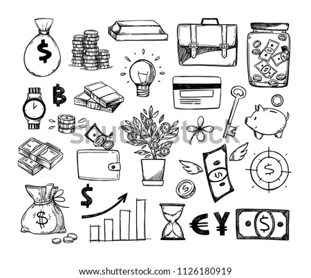 Hand drawn vector illustrations - Save money. Sketch design elements. Finance, payments, banks, cash, four-leaf clover, money box. Perfect for business presentations, web, bunners, advertising