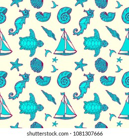 Hand drawn vector illustrations - seamless pattern of seashells. Marine background. Perfect for invitations, greeting cards, posters, prints, banners, flyers etc. Vintage illustration.