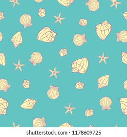 Hand drawn vector illustrations - seamless pattern of seashells. Marine background.