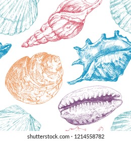 Hand drawn vector illustrations - seamless pattern of seashells. Marine background. Perfect for invitations, greeting cards, posters, prints, banners, flyers etc