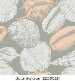 Hand drawn vector illustrations - seamless pattern of seashells. Marine background. Perfect for invitations, greeting cards, posters, prints, banners, flyers etc